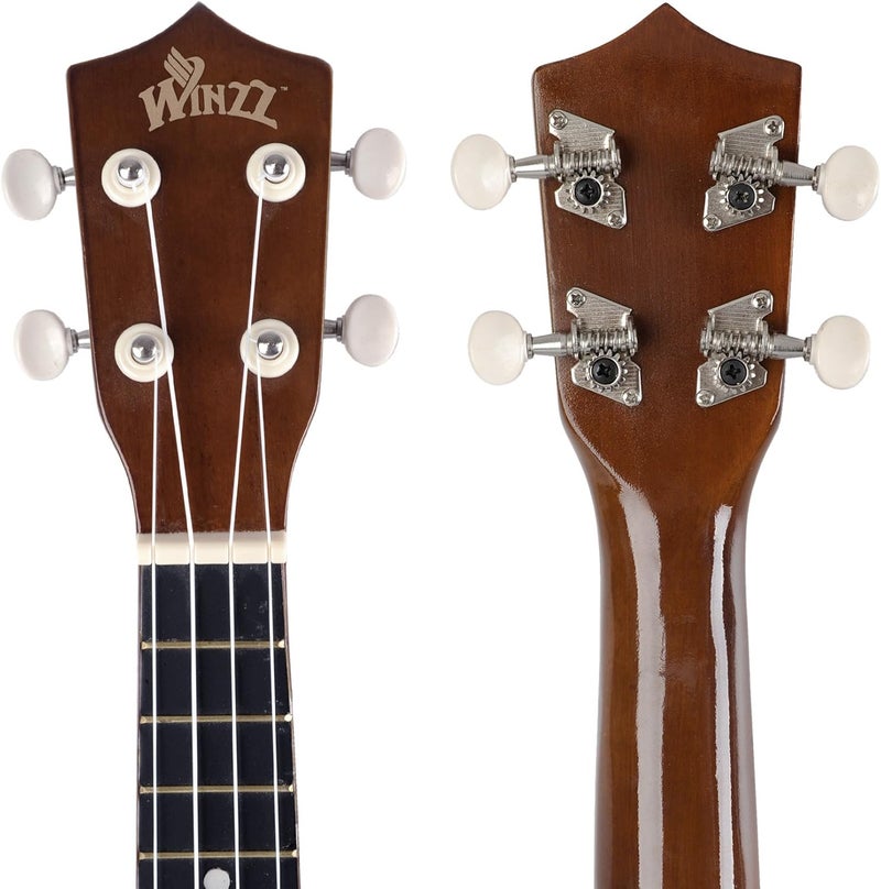 وينز مجموعة بدء تشغيل Winzz Soprano Ukulele للمبتدئين مع حقيبة، موالف قابل للتثبيت، أوتار إضافية، حزام، ريشة، ملصقات الحنق، بطاقة الأوتار، قطعة تلميع، بني - Image 4