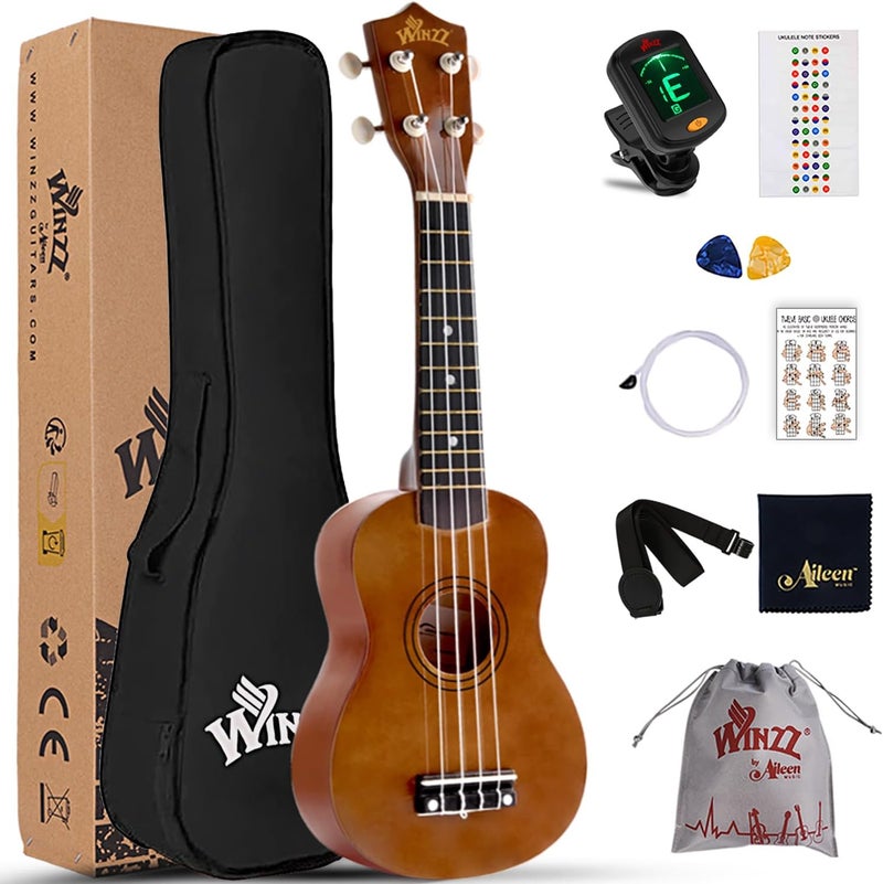 وينز مجموعة بدء تشغيل Winzz Soprano Ukulele للمبتدئين مع حقيبة، موالف قابل للتثبيت، أوتار إضافية، حزام، ريشة، ملصقات الحنق، بطاقة الأوتار، قطعة تلميع، بني - Image 1