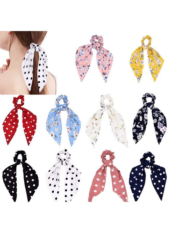 DINPREY 10 Pcs Chiffon Hair Scrunchies Elastic Hair Bands Hair Scarf Floral Scrunchie Scarf Hair Ties 2 In 1 Vintage Ponytail Holder Hair Accessories For Women Girls (10 Pcs Combinationa)  - Image 1
