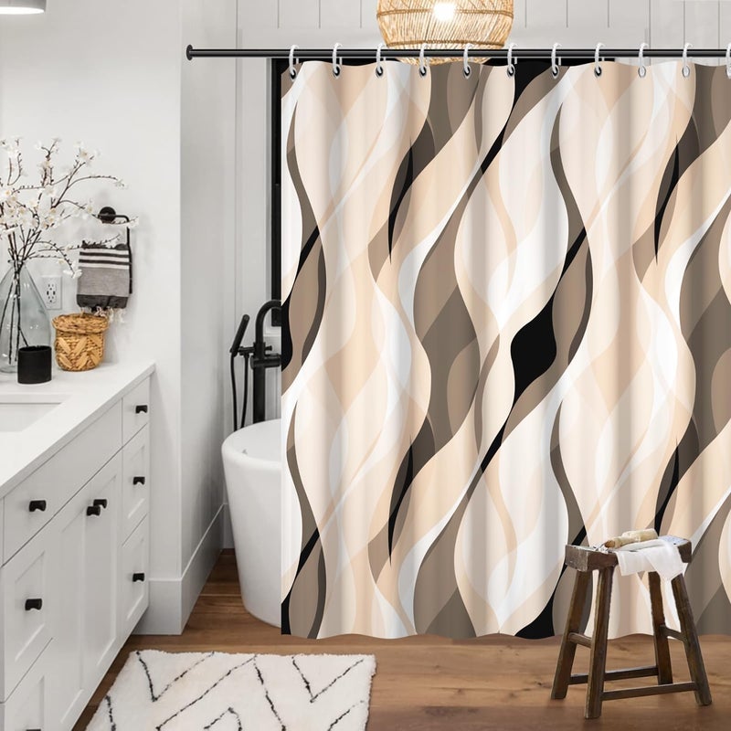 Ruelvth Cream Shower Curtain  Modern Abstract Cream and Grey Striped Shower Curtain Set for Bathroom Waterproof Polyester Shower Curtain with Hooks  72x72 Inch - Image 2