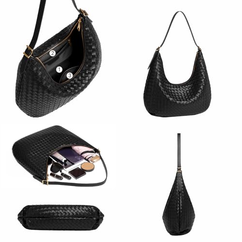 YONGLEE ARTEE Shoulder Handbags Shoulder Bag for Women Totes Woven Vegan Leather Bag Hand Bag Working Lightweight Bags With Zipper Black - Image 3