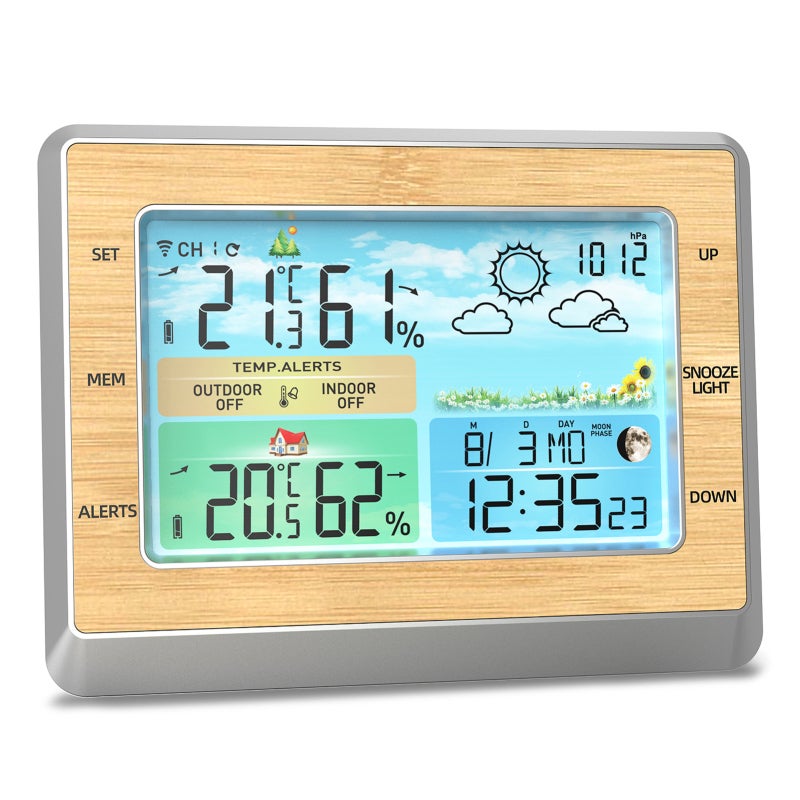 Wireless Weather Station: 6" Burlywood LED Color Screen With 4 Levels Brightness - Customizable Alerts, USB Charging Port For Home Use - Image 1