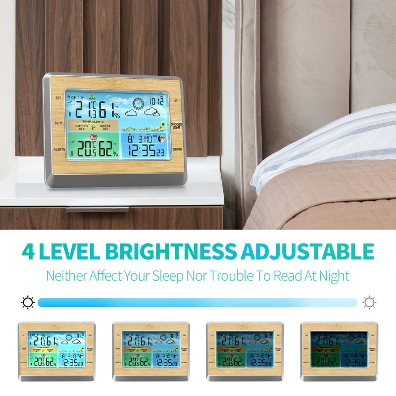 Wireless Weather Station: 6" Burlywood LED Color Screen With 4 Levels Brightness - Customizable Alerts, USB Charging Port For Home Use - Image 3