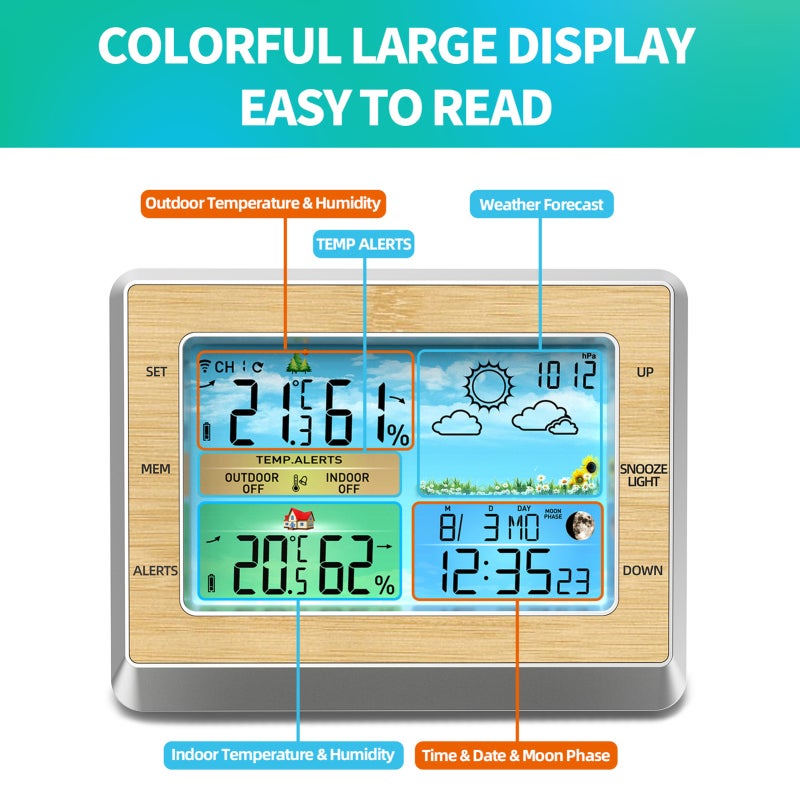 Wireless Weather Station: 6" Burlywood LED Color Screen With 4 Levels Brightness - Customizable Alerts, USB Charging Port For Home Use - Image 4