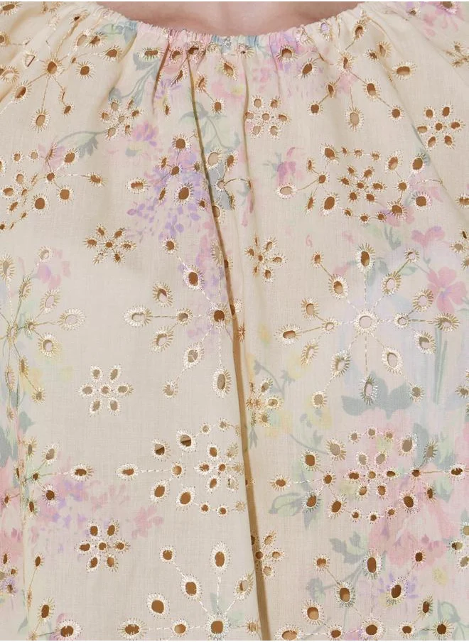 Styli Schiffli Floral Print Short Sleeve Blouse