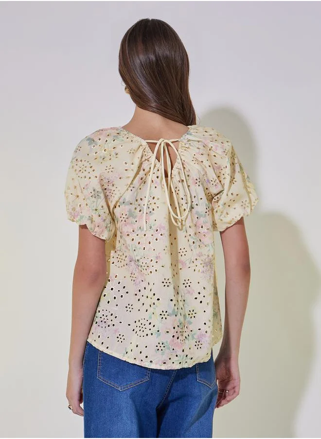 Styli Schiffli Floral Print Short Sleeve Blouse