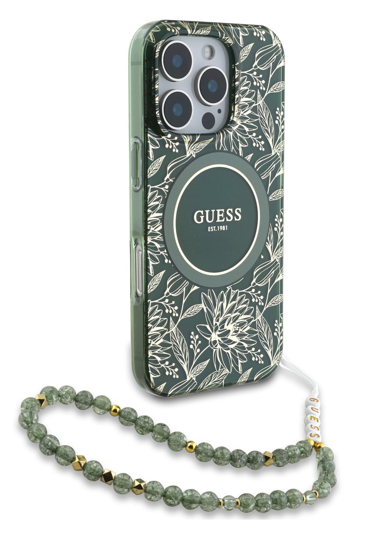 GUESS iPhone 16 Pro Magsafe Case IML Leaves Pattern Electroplated With Pearl Wrist Strap Case / Shock Absorption / Precise Cutouts / Slim and Lightweight Back Cover - Green - Image 1