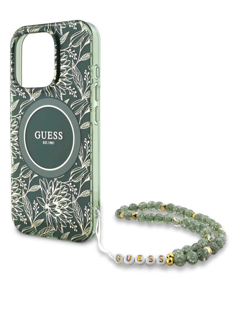 GUESS iPhone 16 Pro Magsafe Case IML Leaves Pattern Electroplated With Pearl Wrist Strap Case / Shock Absorption / Precise Cutouts / Slim and Lightweight Back Cover - Green - Image 3