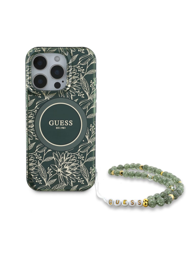 GUESS iPhone 16 Pro Magsafe Case IML Leaves Pattern Electroplated With Pearl Wrist Strap Case / Shock Absorption / Precise Cutouts / Slim and Lightweight Back Cover - Green - Image 2