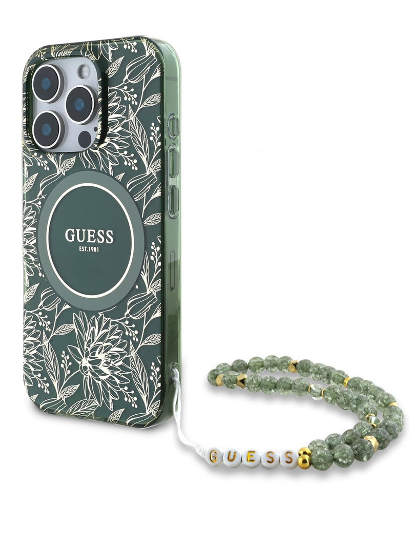 GUESS iPhone 16 Pro Magsafe Case IML Leaves Pattern Electroplated With Pearl Wrist Strap Case / Shock Absorption / Precise Cutouts / Slim and Lightweight Back Cover - Green - Image 4