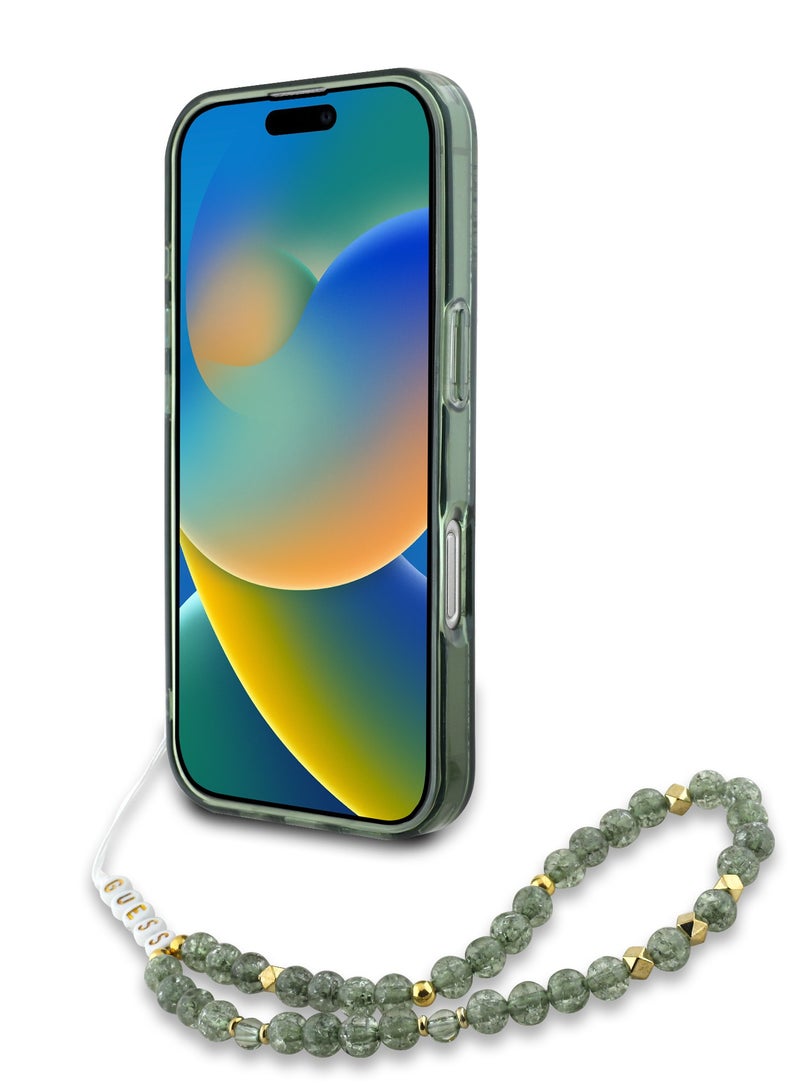 GUESS iPhone 16 Pro Magsafe Case IML Leaves Pattern Electroplated With Pearl Wrist Strap Case / Shock Absorption / Precise Cutouts / Slim and Lightweight Back Cover - Green - Image 5
