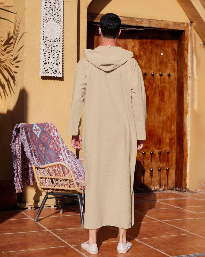 YAOHUOLE كافتان رجالي بأكمام طويلة مع شق جانبي، ثوب طويل مع غطاء رأس، لون كاكي، XL - Image 5