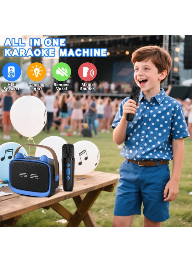 ماكينة كاريوكي مصغرة مطورة للأطفال، مكبر صوت بلوتوث محمول مع 2 ميكروفون لاسلكي، أضواء LED ملونة وإيموجي، هدايا منزلية وسفر وحفلات للأولاد والبنات (أزرق) - Image 2