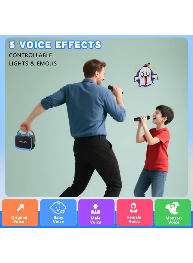 ماكينة كاريوكي مصغرة مطورة للأطفال، مكبر صوت بلوتوث محمول مع 2 ميكروفون لاسلكي، أضواء LED ملونة وإيموجي، هدايا منزلية وسفر وحفلات للأولاد والبنات (أزرق) - Image 5