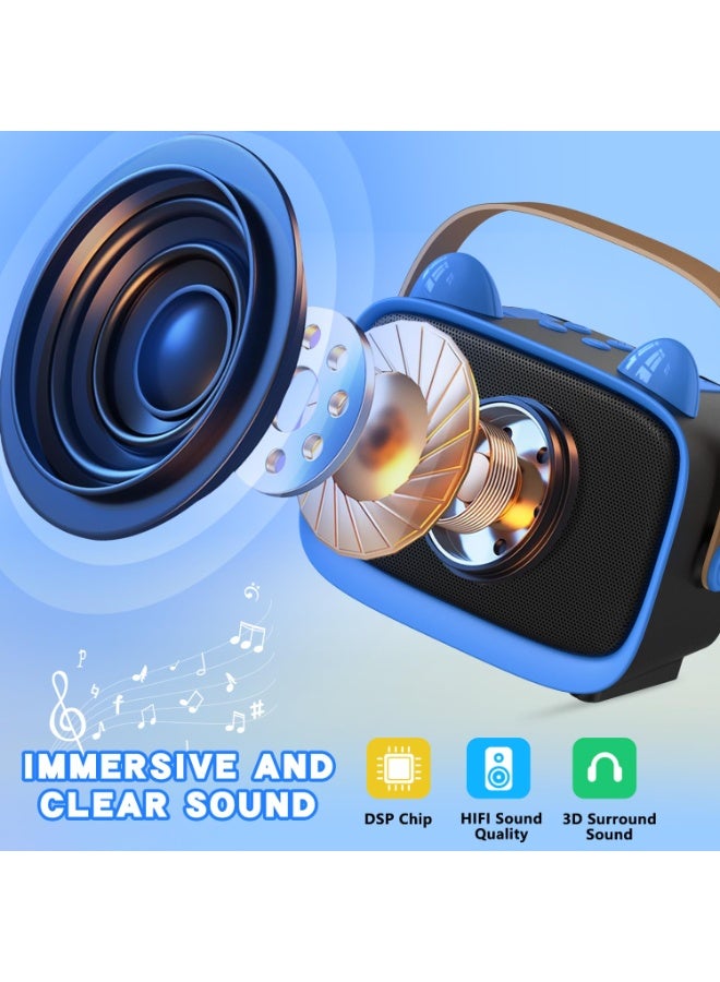 ماكينة كاريوكي مصغرة مطورة للأطفال، مكبر صوت بلوتوث محمول مع 2 ميكروفون لاسلكي، أضواء LED ملونة وإيموجي، هدايا منزلية وسفر وحفلات للأولاد والبنات (أزرق) - Image 3