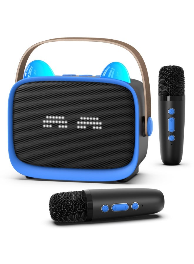 ماكينة كاريوكي مصغرة مطورة للأطفال، مكبر صوت بلوتوث محمول مع 2 ميكروفون لاسلكي، أضواء LED ملونة وإيموجي، هدايا منزلية وسفر وحفلات للأولاد والبنات (أزرق) - Image 1
