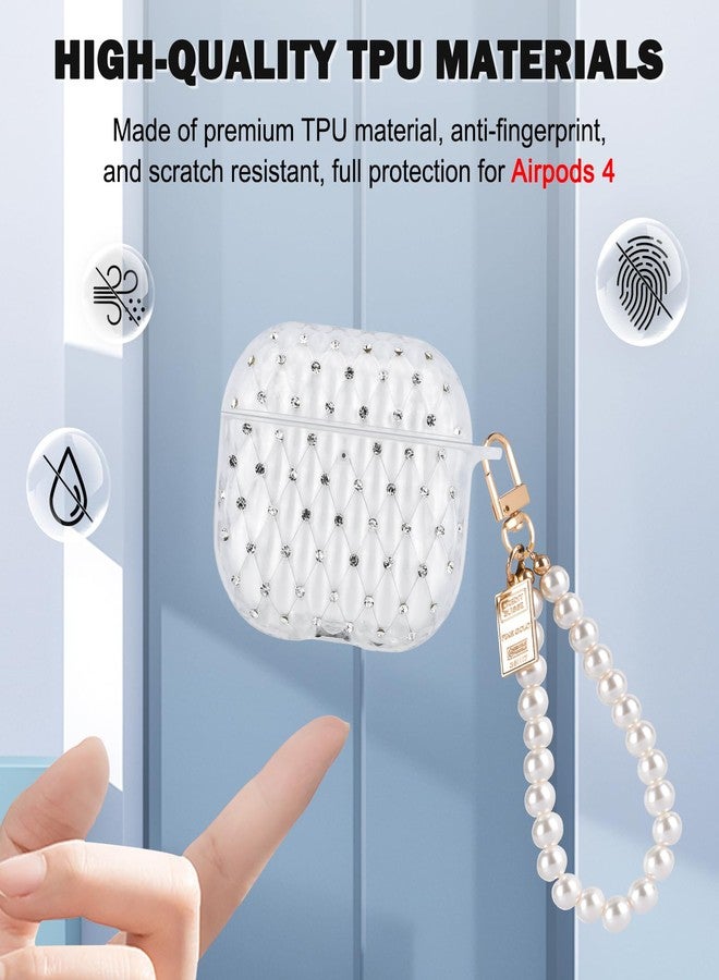 CameCosy for AirPods 4th Generation Case Glitter Diamond with Pretty Pearl Wrist Chain,Clear Sparkle Bling Design for Women Soft TPU Shockproof Protective Cover for Airpods 4 - Image 4