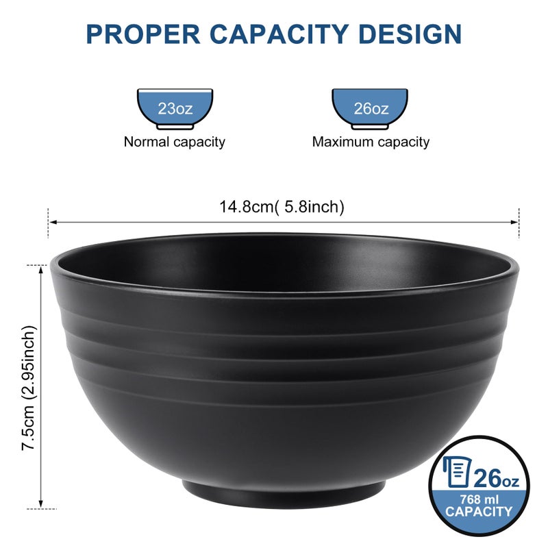 HOTEC BPA Free Unbreakable Wheat Straw Cereal Bowls - Microwave & Dishwasher Safe Soup and Salad Bowls, Set of 8, 26oz, Black - Image 2