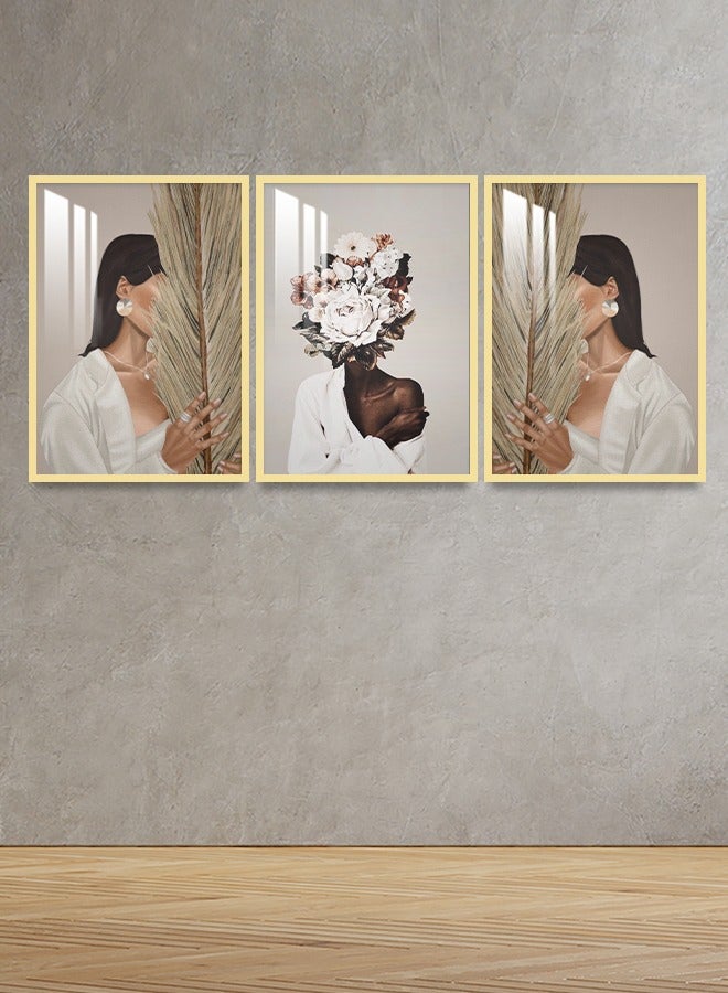 4gdran Three modern wooden wall panels with a girl’s design, size (120x60) cm, with a wooden frame and a transparent acrylic layer  - Image 1