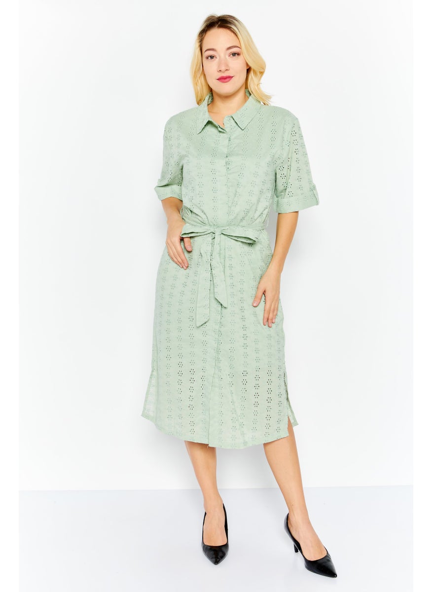 French Connection Women Embroidered Tie Waist Midi Casual Dress, Light Green  - Image 1