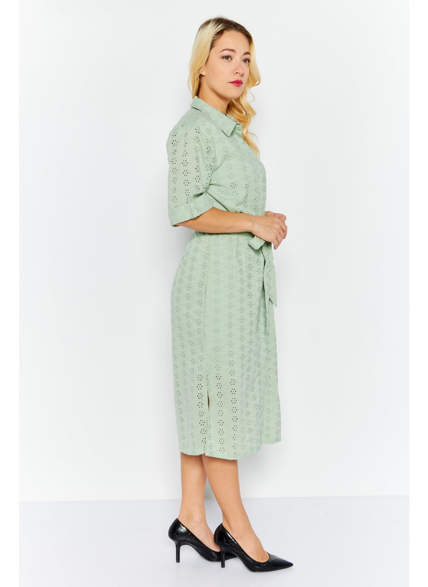 French Connection Women Embroidered Tie Waist Midi Casual Dress, Light Green  - Image 3