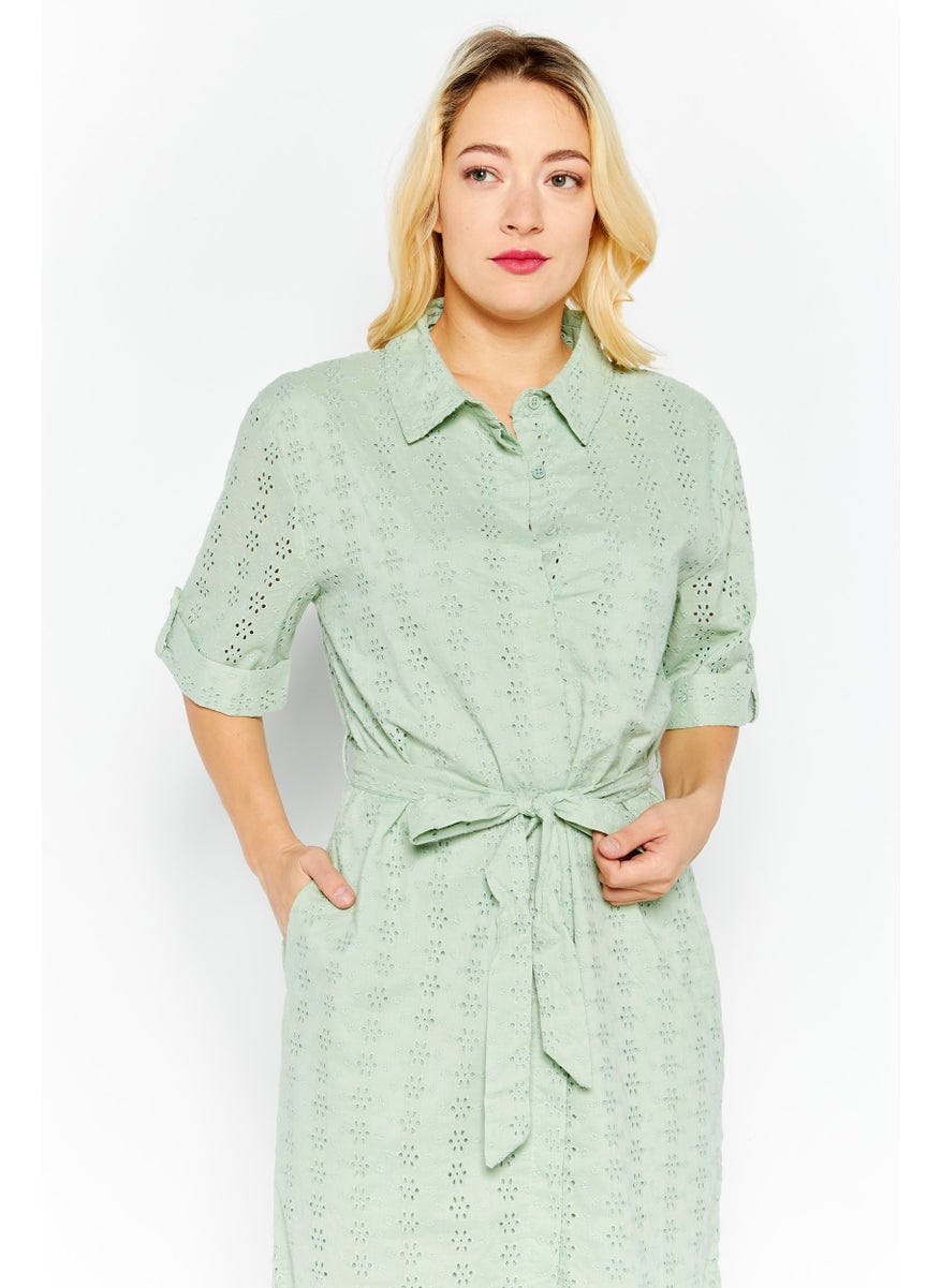 French Connection Women Embroidered Tie Waist Midi Casual Dress, Light Green  - Image 2