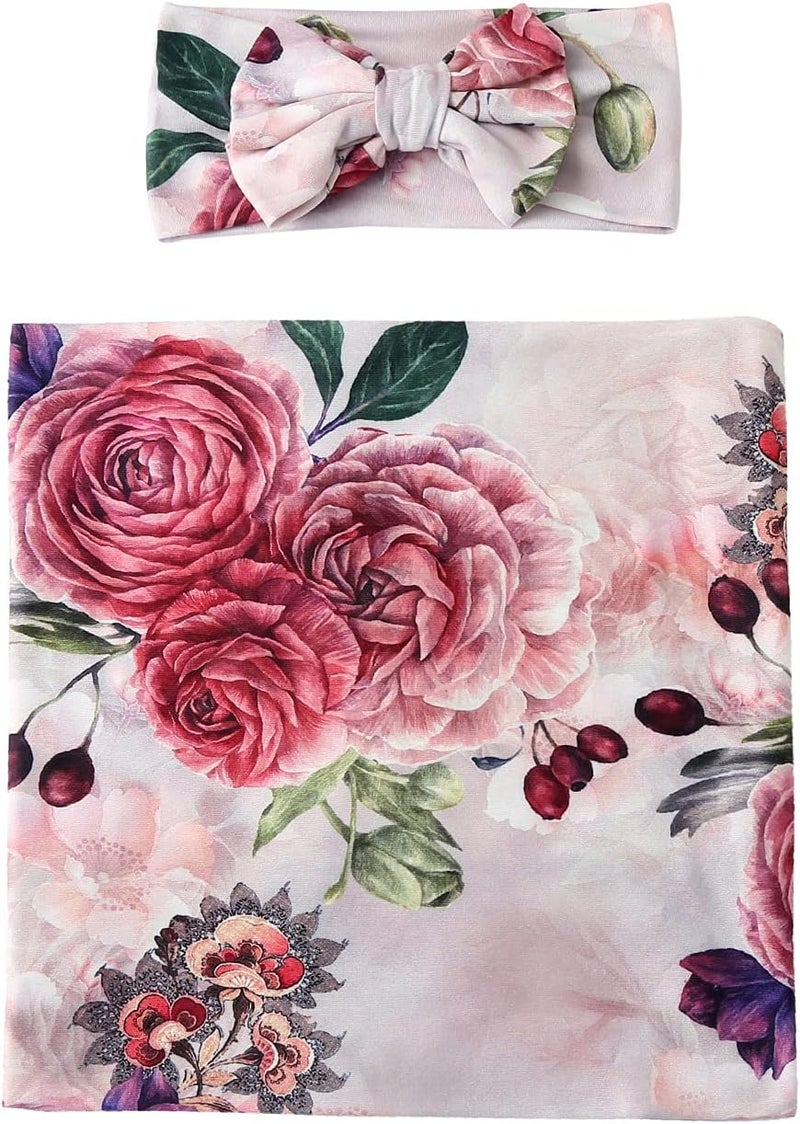 Galabloomer Newborn Receiving Blanket Headband Set Baby Flower Rose Swaddle with Big Bow (Nostalgia Rose) - Image 3