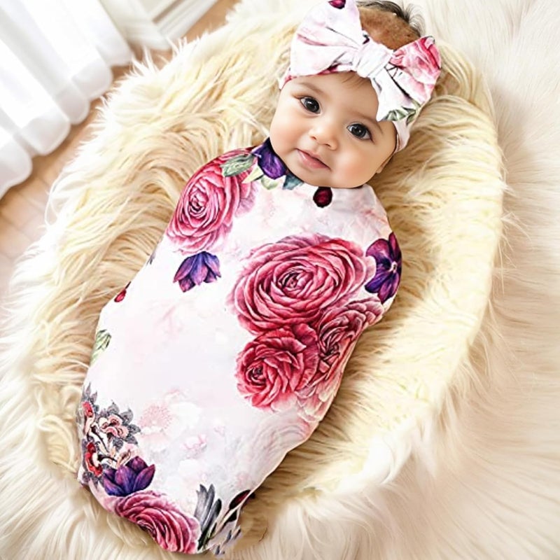 Galabloomer Newborn Receiving Blanket Headband Set Baby Flower Rose Swaddle with Big Bow (Nostalgia Rose) - Image 2
