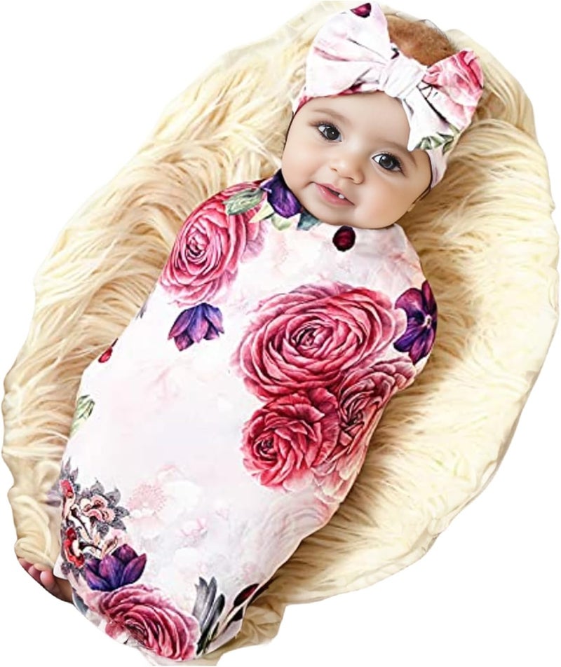Galabloomer Newborn Receiving Blanket Headband Set Baby Flower Rose Swaddle with Big Bow (Nostalgia Rose) - Image 1