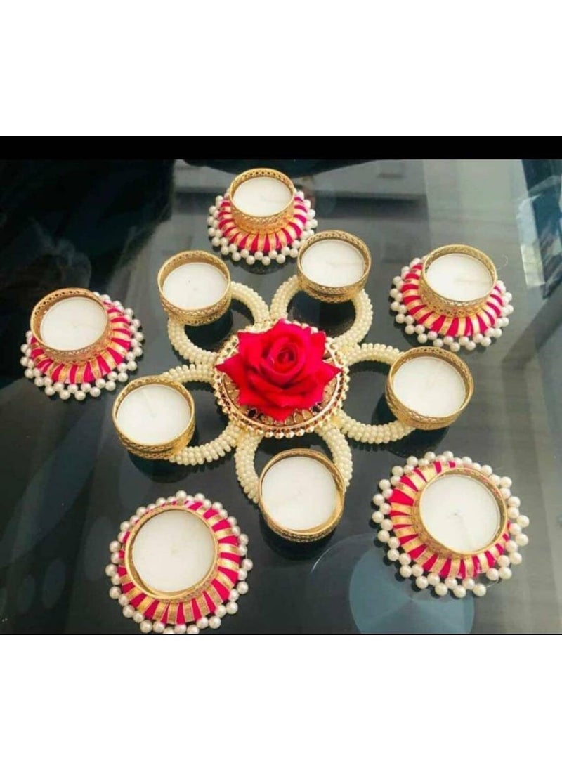 Lazybeee Lazybeee White Pearl Pink LotusThemed Diya Set with Red Rose Centerpiece Handcrafted Tealight Holders for Diwali Weddings and Festive Home Decor Perfect Diwali Gift Design 11  - Image 3