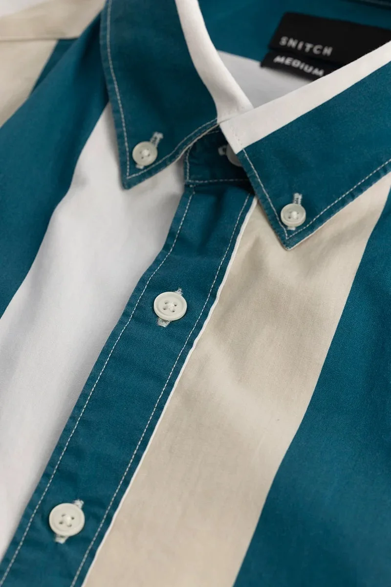 سنيتش Teal Striped Long Sleeve Slim Fit Casual Shirt