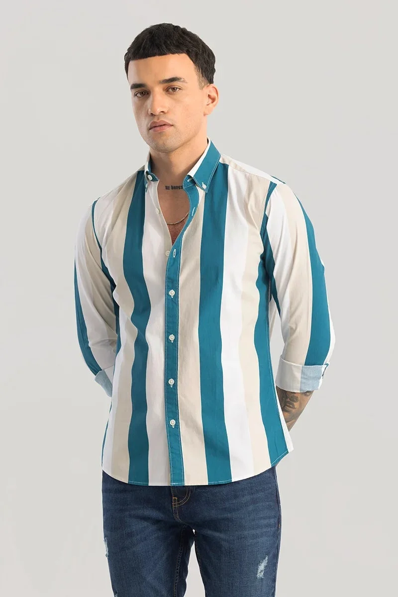 سنيتش Teal Striped Long Sleeve Slim Fit Casual Shirt