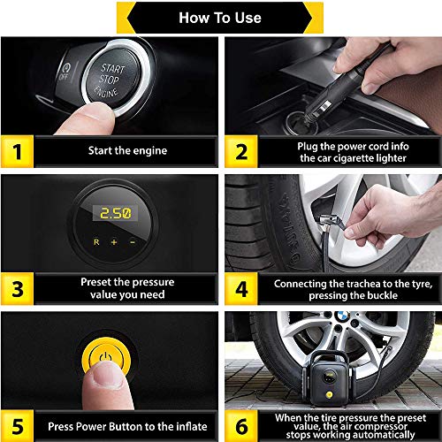 Probus Heavy Duty 150 Psi 4 Cylinders Compact Digital Tyre Inflator Smart Auto Off Air Compressor Pump for Car, Black - Image 3