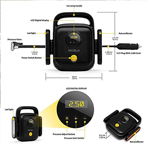 Probus Heavy Duty 150 Psi 4 Cylinders Compact Digital Tyre Inflator Smart Auto Off Air Compressor Pump for Car, Black - Image 5