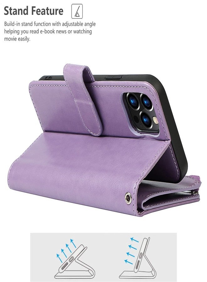 آي كوفر كايس جراب iCoverCase متوافق مع هاتف iPhone 13 Pro Max، جراب محفظة للهاتف مع حامل بطاقات، مصنوع من جلد البولي يوريثان، مزود بجيب بسحاب، جراب قابل للفصل مغناطيسيًا مع حزام للمعصم (بنفسجي) - Image 5