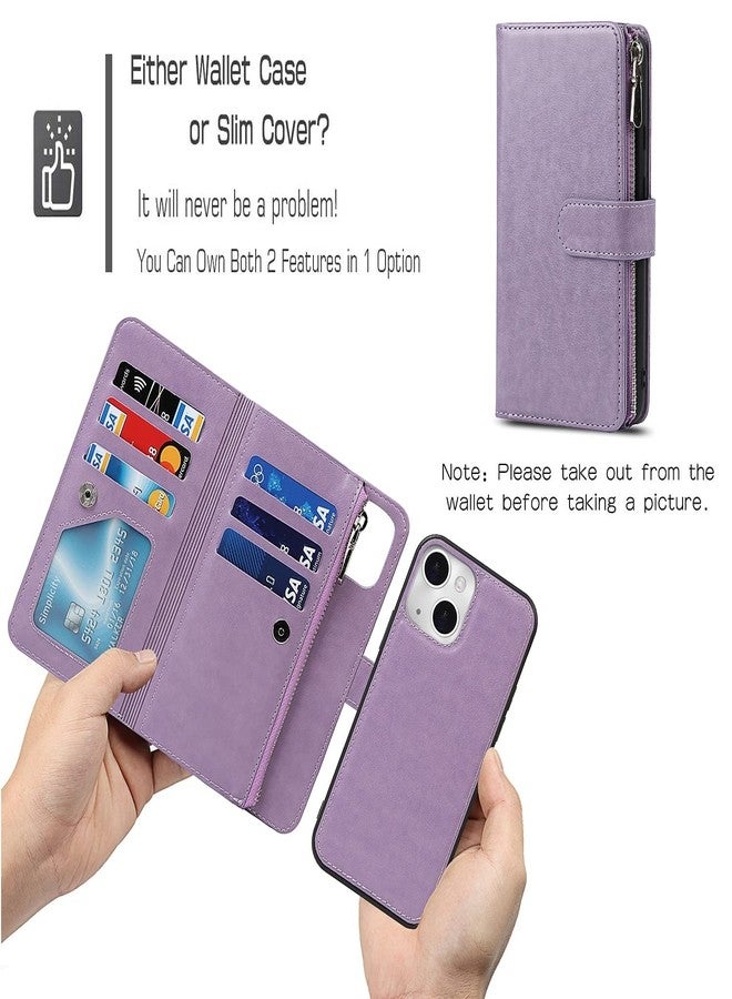 آي كوفر كايس جراب iCoverCase متوافق مع هاتف iPhone 13 Pro Max، جراب محفظة للهاتف مع حامل بطاقات، مصنوع من جلد البولي يوريثان، مزود بجيب بسحاب، جراب قابل للفصل مغناطيسيًا مع حزام للمعصم (بنفسجي) - Image 2