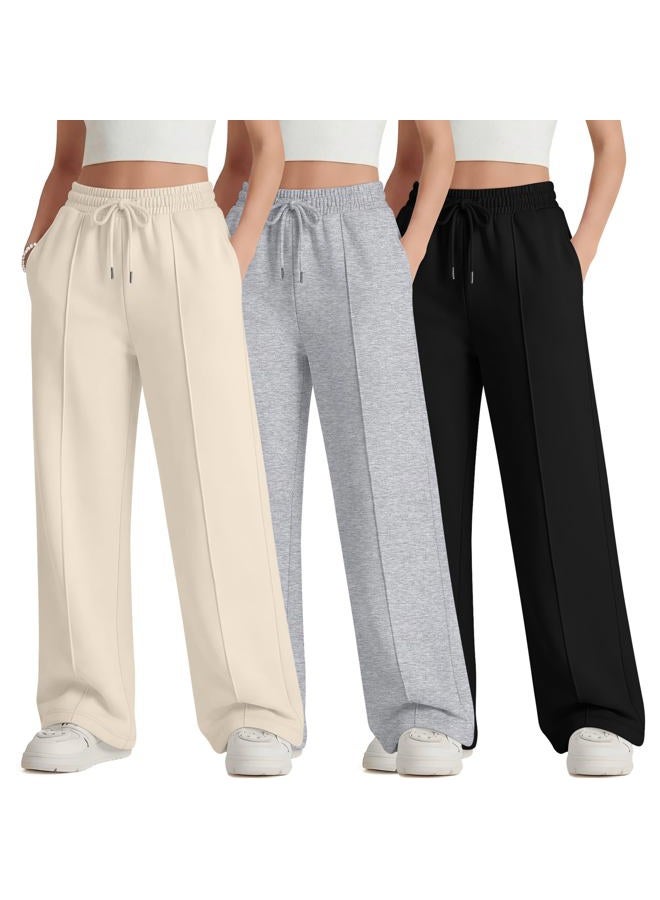 LessonZoo 3 Pack Girls Wide Leg Sweatpants Drawstring Baggy Pants Teen Girls Athletic Joggers Pants with Pockets 5-14Y, White, Light Heather Gray, Black, 11-12 Years - Image 1