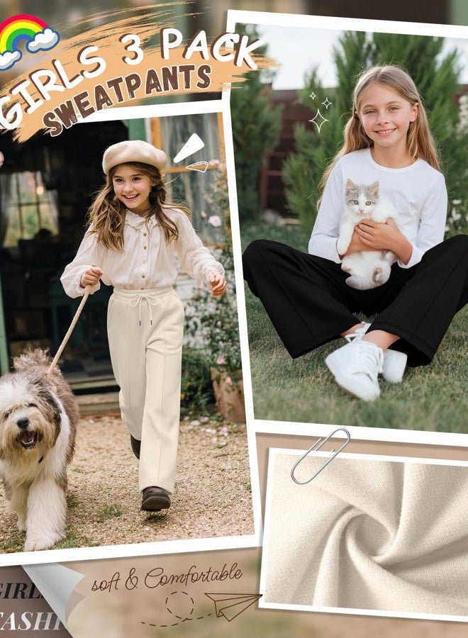 LessonZoo 3 Pack Girls Wide Leg Sweatpants Drawstring Baggy Pants Teen Girls Athletic Joggers Pants with Pockets 5-14Y, White, Light Heather Gray, Black, 11-12 Years - Image 2