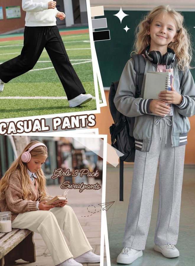 LessonZoo 3 Pack Girls Wide Leg Sweatpants Drawstring Baggy Pants Teen Girls Athletic Joggers Pants with Pockets 5-14Y, White, Light Heather Gray, Black, 11-12 Years - Image 4