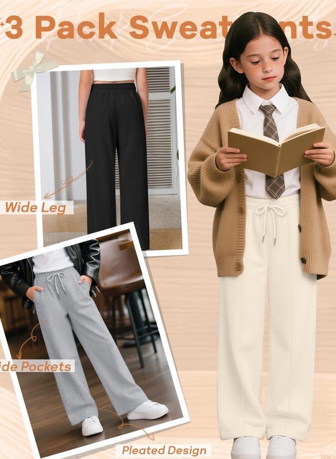 LessonZoo 3 Pack Girls Wide Leg Sweatpants Drawstring Baggy Pants Teen Girls Athletic Joggers Pants with Pockets 5-14Y, White, Light Heather Gray, Black, 11-12 Years - Image 5