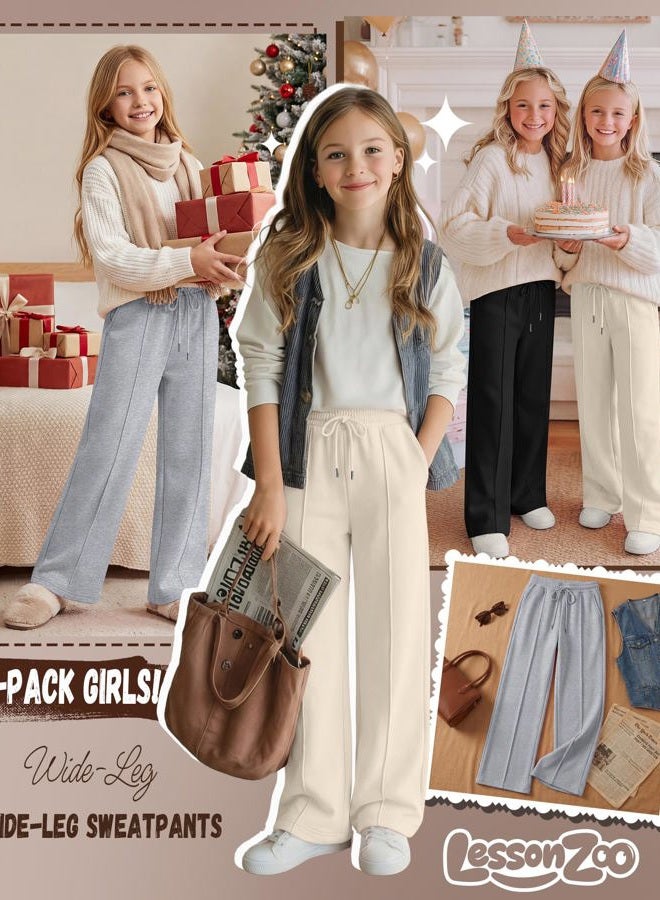 LessonZoo 3 Pack Girls Wide Leg Sweatpants Drawstring Baggy Pants Teen Girls Athletic Joggers Pants with Pockets 5-14Y, White, Light Heather Gray, Black, 11-12 Years - Image 3