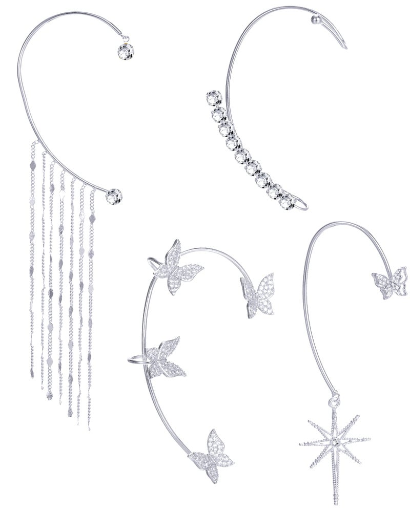 Tornito 4Pcs Butterfly Long Tassel Ear Cuff Dangle Chain Earrings Wrap Crawler CZ Earrings No Piercing Ear Clip Wrap Around Fake Earrings for Women Silver Tone Right Ear - Image 1