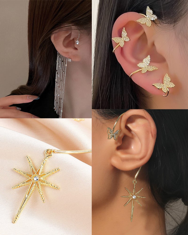 Tornito 4Pcs Butterfly Long Tassel Ear Cuff Dangle Chain Earrings Wrap Crawler CZ Earrings No Piercing Ear Clip Wrap Around Fake Earrings for Women Silver Tone Right Ear - Image 4