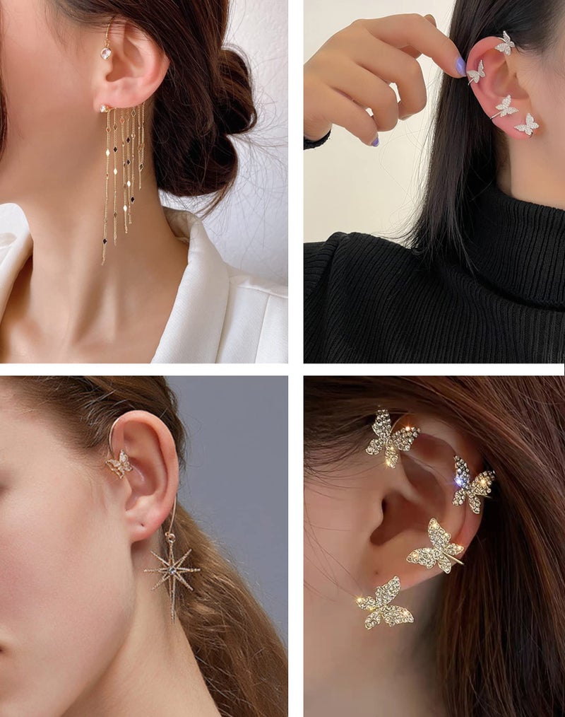 Tornito 4Pcs Butterfly Long Tassel Ear Cuff Dangle Chain Earrings Wrap Crawler CZ Earrings No Piercing Ear Clip Wrap Around Fake Earrings for Women Silver Tone Right Ear - Image 3