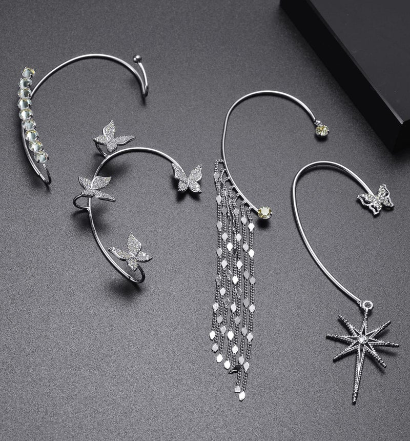 Tornito 4Pcs Butterfly Long Tassel Ear Cuff Dangle Chain Earrings Wrap Crawler CZ Earrings No Piercing Ear Clip Wrap Around Fake Earrings for Women Silver Tone Right Ear - Image 5