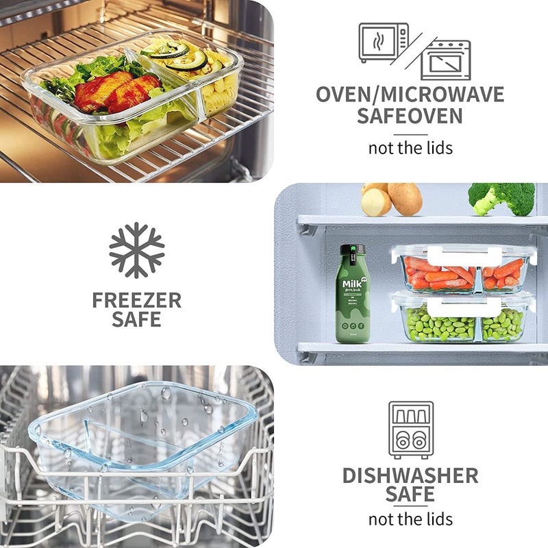 KOMUEE 10 Packs 30oz Glass Meal Prep Containers 2 Compartments,Glass Food Storage Containers with Lids,Airtight Lunch Bento Boxes,Oven,Freezer and Dishwasher Safe, White - Image 3