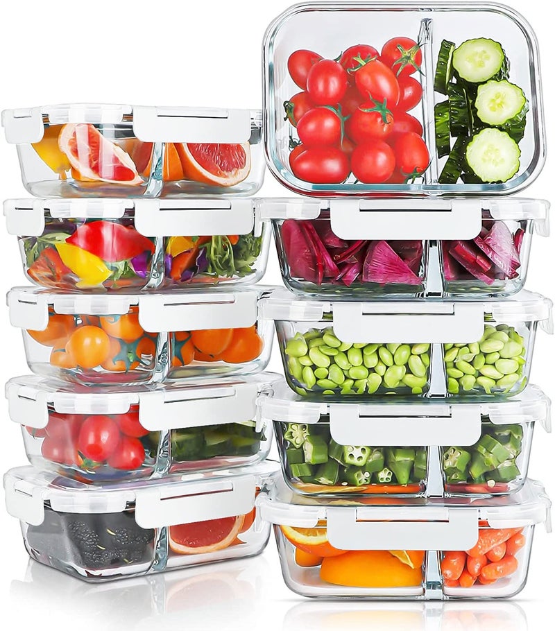 KOMUEE 10 Packs 30oz Glass Meal Prep Containers 2 Compartments,Glass Food Storage Containers with Lids,Airtight Lunch Bento Boxes,Oven,Freezer and Dishwasher Safe, White - Image 1