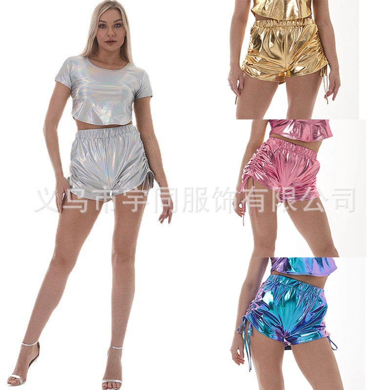 High Waist Drawstring Shorts Women'S Fashion Versatile Performance Clothes Pu Pants Bronzing Solid Color Women'S Clothing Spot - Image 2