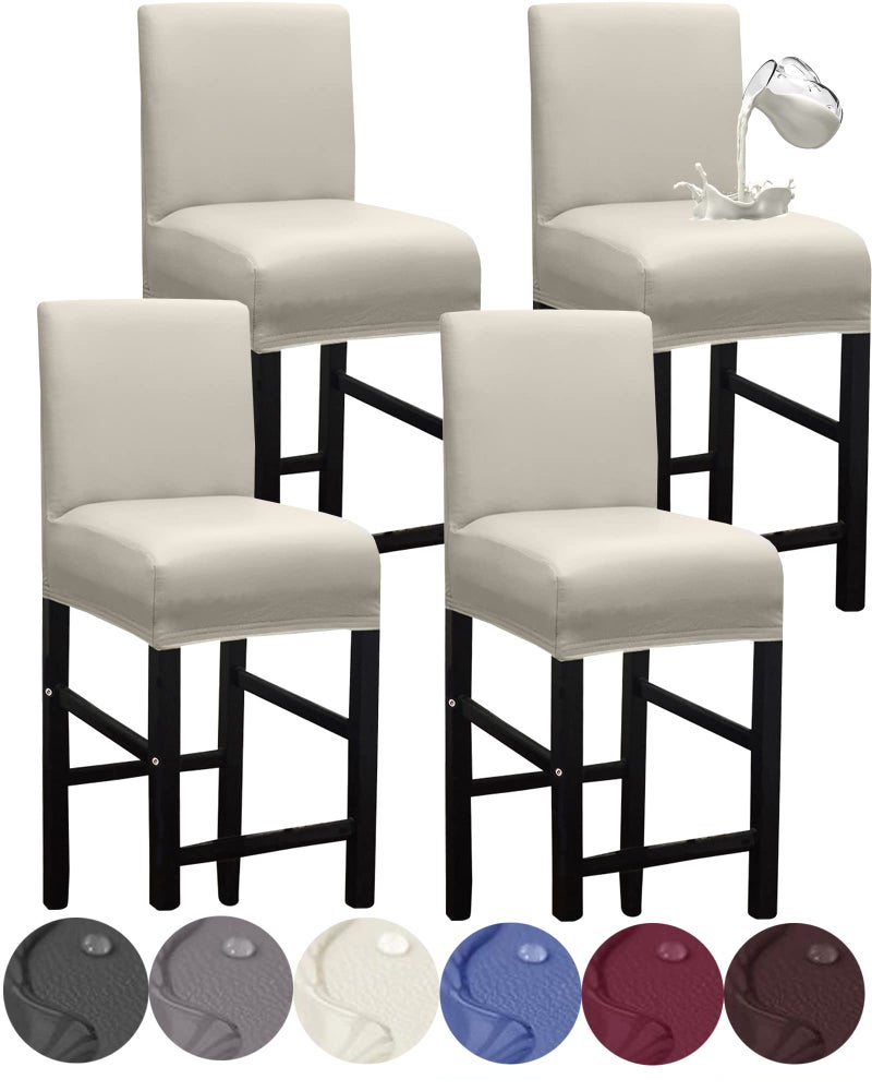 HFCNMY Bar Stool Covers4 Pack Stretch Waterproof PU Bar Stool Covers with Backs Bar Stool Chair Covers Barstool Covers Slipcovers with Back Pub Counter Stool Chair Covers with Elastic Bands Beige