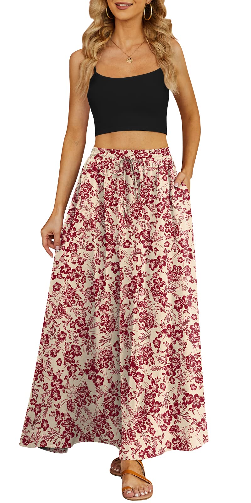 Yincro Women Flowy Maxi Skirt Summer Pleated High Waisted Casual Long Skirts with Pockets (Red Flower Beige, M) - Image 2